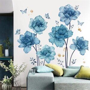 Large Blue Peony Flower Wall Stickers Butterfly Floral Peel Stick Decals
